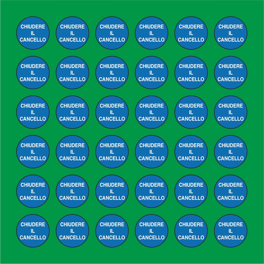 PACCO DA 6 KIT DI 6 ADESIVI ROTONDI - CHIUDERE IL CANCELLO - Pittogramma ISO 7010 Con Stampa Diretta U.V.