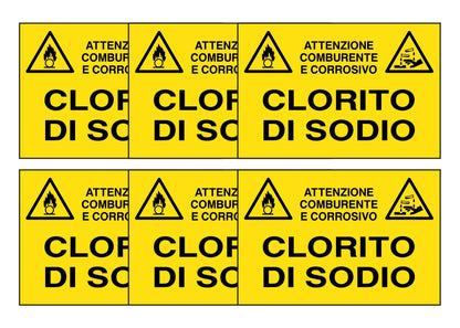 KIT DI 6 ADESIVI RETTANGOLARI - CLORITO DI SODIO - Pittogramma ISO 7010 Con Stampa Diretta U.V. (IDEALE ANCHE PER ESTERNO)