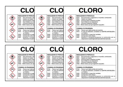 KIT DI 6 ADESIVI RETTANGOLARI - CLORO RISCHI E CONSIGLI DI PRUDENZA - Pittogramma ISO 7010 Con Stampa Diretta U.V. (IDEALE ANCHE PER ESTERNO)