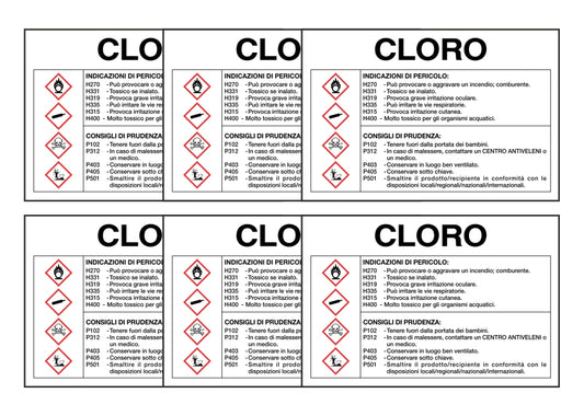 KIT DI 6 ADESIVI RETTANGOLARI - CLORO RISCHI E CONSIGLI DI PRUDENZA - Pittogramma ISO 7010 Con Stampa Diretta U.V. (IDEALE ANCHE PER ESTERNO)