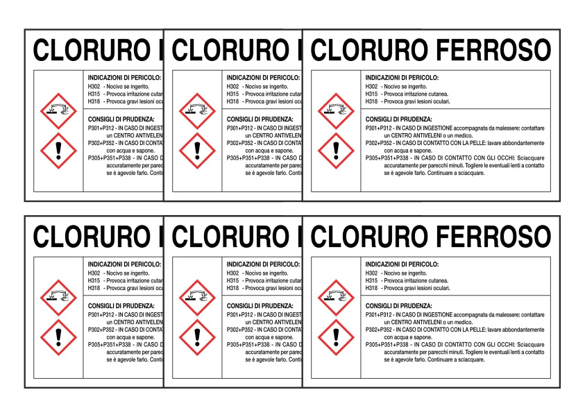 KIT DI 6 ADESIVI RETTANGOLARI - CLORURO FERROSO RISCHI E CONSIGLI DI PRUDENZA - Pittogramma ISO 7010 Con Stampa Diretta U.V. (IDEALE ANCHE PER ESTERNO)