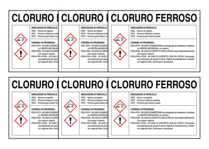 KIT DI 6 ADESIVI RETTANGOLARI - CLORURO FERROSO RISCHI E CONSIGLI DI PRUDENZA - Pittogramma ISO 7010 Con Stampa Diretta U.V. (IDEALE ANCHE PER ESTERNO)