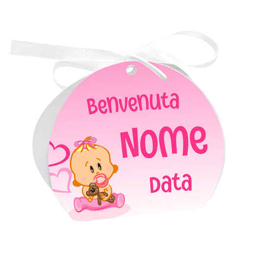GLOBAL Scatole Portaconfetti per Nascita Personalizzate - BIMBA E CIUCCIO - Scatoline Bomboniere nascita con nastrino personalizzato MADE IN ITALY