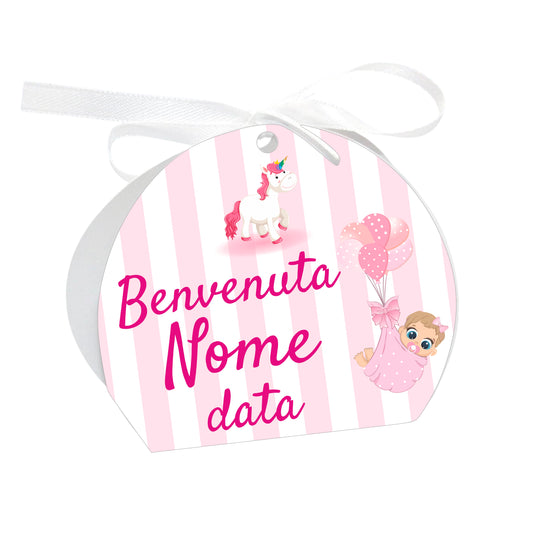 GLOBAL Scatole Portaconfetti per Nascita Personalizzate - UNICORNO E PALLONCINI BIMBA - Scatoline Bomboniere nascita con nastrino personalizzato MADE IN ITALY
