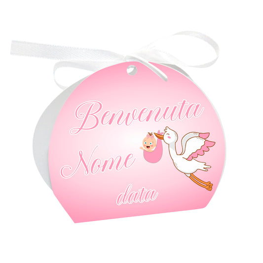 GLOBAL Scatole Portaconfetti per Nascita Personalizzate - CICOGNA BIMBA - Scatoline Bomboniere nascita con nastrino personalizzato MADE IN ITALY
