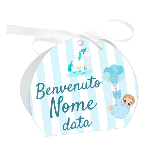 GLOBAL Scatole Portaconfetti per Nascita Personalizzate - UNICORNO E PALLONCINI BIMBO - Scatoline Bomboniere nascita con nastrino personalizzato MADE IN ITALY