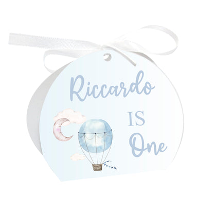 GLOBAL Scatole Portaconfetti per Compleanno Personalizzate - MONGOLFIERA BIMBO - Scatoline Bomboniere compleanno con nastrino personalizzato MADE IN ITALY