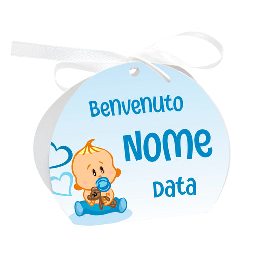 GLOBAL Scatole Portaconfetti per Nascita Personalizzate - BIMBO E CIUCCIO - Scatoline Bomboniere nascita con nastrino personalizzato MADE IN ITALY