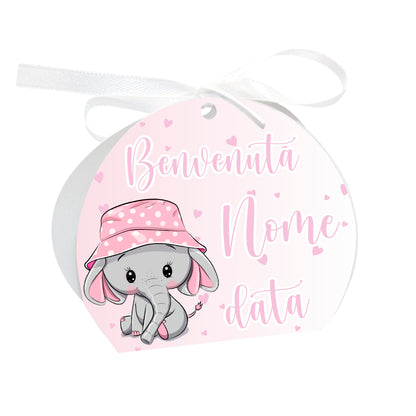 GLOBAL Scatole Portaconfetti per Nascita Personalizzate - ELEFANTINO BIMBA - Scatoline Bomboniere nascita con nastrino personalizzato MADE IN ITALY