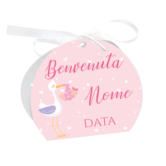 GLOBAL Scatole Portaconfetti per Nascita Personalizzate - CICOGNA E CUORI BIMBA - Scatoline Bomboniere nascita con nastrino personalizzato MADE IN ITALY