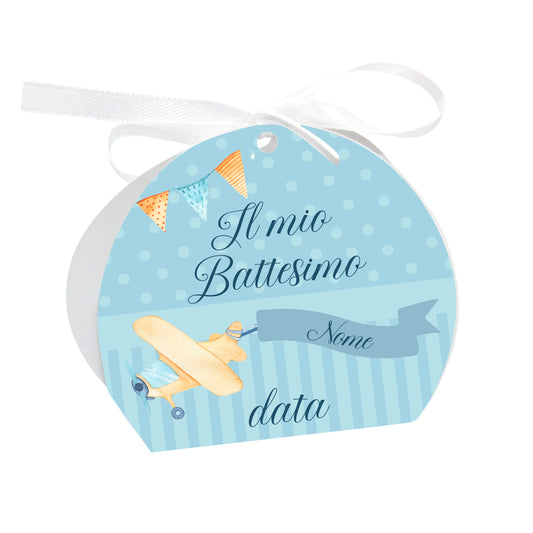 GLOBAL Scatole Portaconfetti per Battesimo Personalizzate - AEROPLANO - Scatoline Bomboniere battesimo con nastrino personalizzato MADE IN ITALY