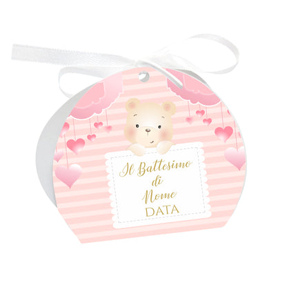 GLOBAL Scatole Portaconfetti per Battesimo Personalizzate - ORSETTO BIMBA MOD. 3 - Scatoline Bomboniere battesimo con nastrino personalizzato MADE IN ITALY