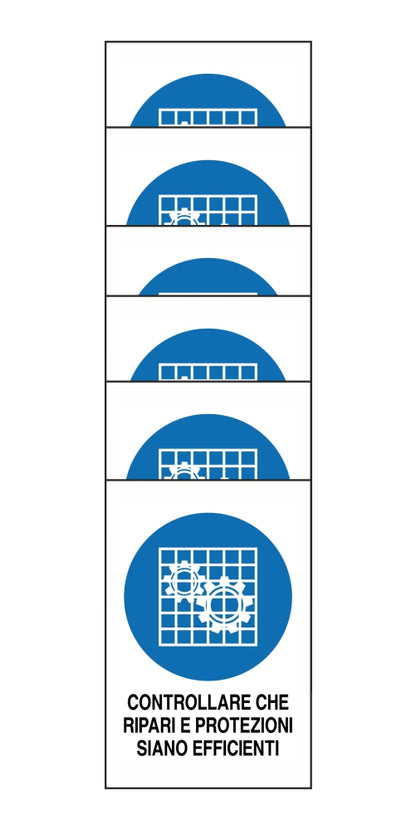 KIT DI 6 ADESIVI RETTANGOLARI - CONTROLLARE CHE RIPARI E PROTEZIONI SIANO EFFICIENTI - Pittogramma ISO 7010 Con Stampa Diretta U.V. (IDEALE ANCHE PER ESTERNO)