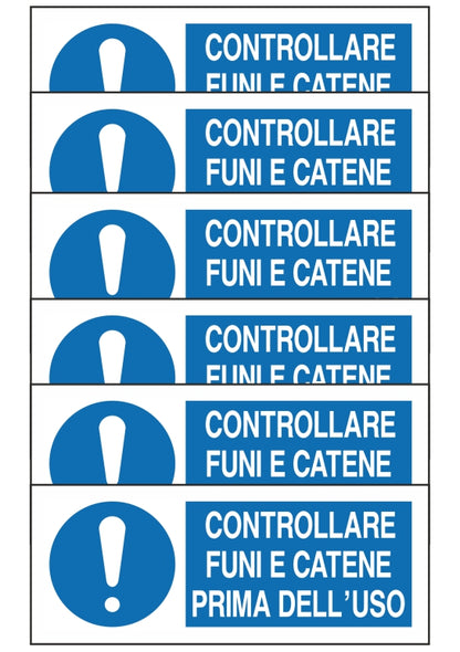 GLOBAL KIT DI 6 ADESIVI UNI - CONTROLLARE FUNI E CATENE PRIMA DELL'USO - Pittogramma ISO 7010 Con Stampa Diretta U.V. (IDEALE ANCHE PER ESTERNO)