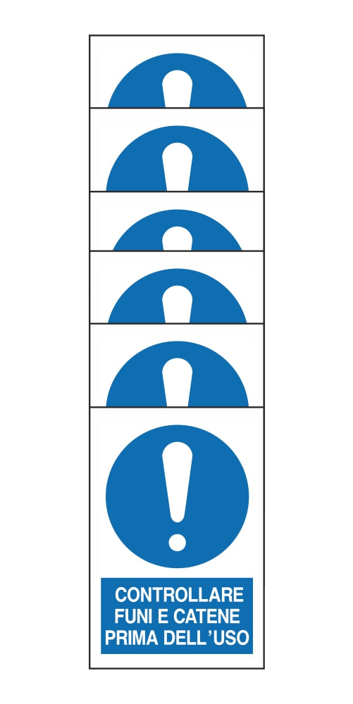 KIT DI 6 ADESIVI RETTANGOLARI - CONTROLLARE FUNI E CATENE PRIMA DELL'USO - Pittogramma ISO 7010 Con Stampa Diretta U.V. (IDEALE ANCHE PER ESTERNO)