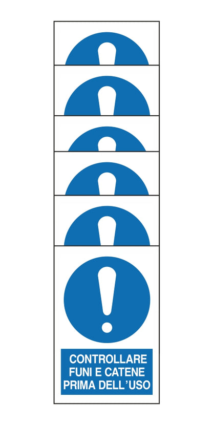 KIT DI 6 ADESIVI RETTANGOLARI - CONTROLLARE FUNI E CATENE PRIMA DELL'USO - Pittogramma ISO 7010 Con Stampa Diretta U.V. (IDEALE ANCHE PER ESTERNO)