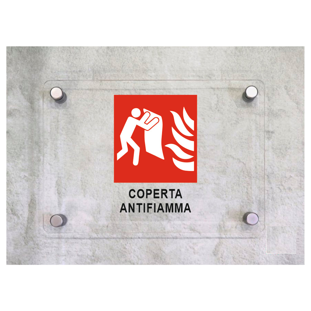 Global Targa Cartello in plexiglass - COPERTA ANTIFIAMMA con pittogramma - Con Distanziali in acciaio inox, Stampa UV.