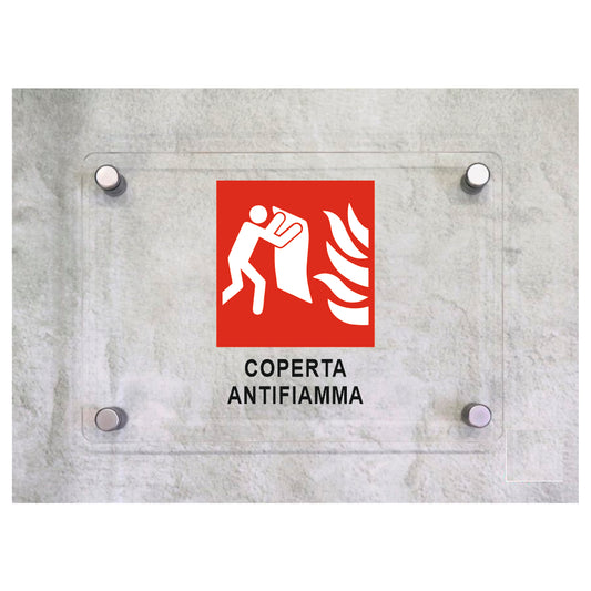 Global Targa Cartello in plexiglass - COPERTA ANTIFIAMMA con pittogramma - Con Distanziali in acciaio inox, Stampa UV.