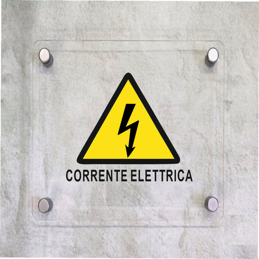 Global Targa Cartello in plexiglass Quadrato - CORRENTE ELETTRICA - Con Distanziali in acciaio inox, Stampa UV