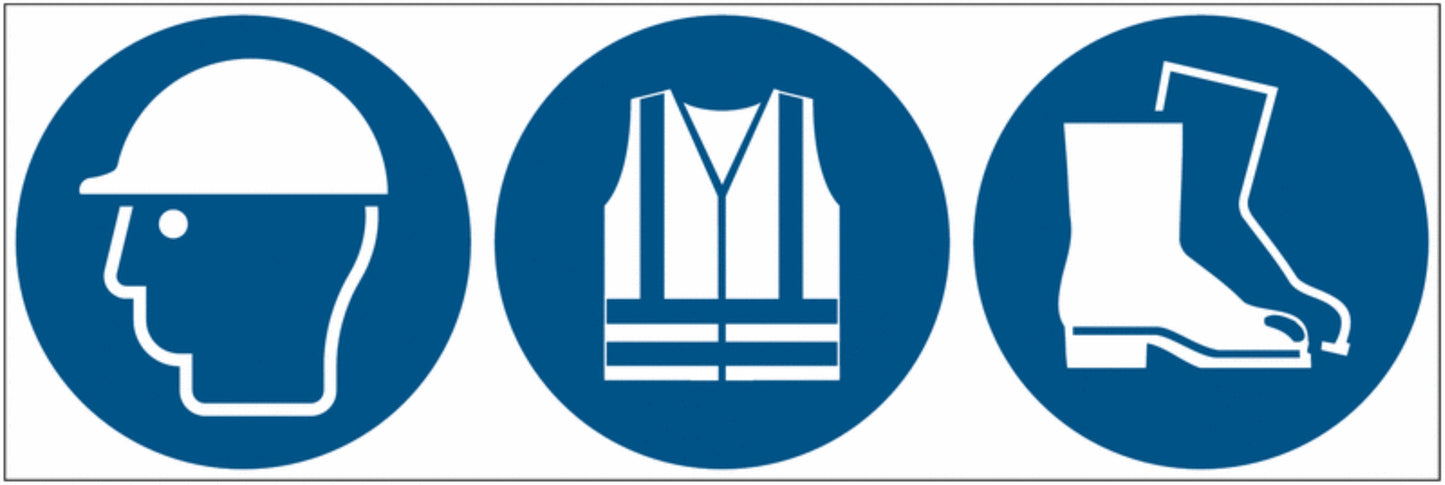 GLOBAL CARTELLO SEGNALETICO UNI - Casco, gilet e calzature di sicurezza obbligatori - Adesivo Extra Resistente, Pannello in Forex, Pannello In Alluminio