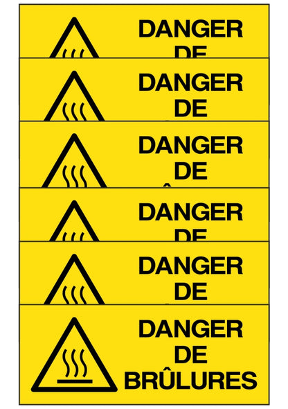 GLOBAL KIT DI 6 ADESIVI UNI - DANGER DE BRULURES - Pittogramma ISO 7010 Con Stampa Diretta U.V. (IDEALE ANCHE PER ESTERNO)