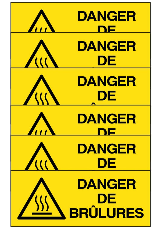 GLOBAL KIT DI 6 ADESIVI UNI - DANGER DE BRULURES - Pittogramma ISO 7010 Con Stampa Diretta U.V. (IDEALE ANCHE PER ESTERNO)