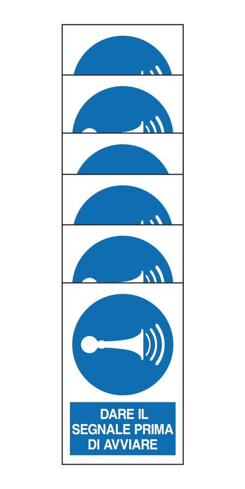 KIT DI 6 ADESIVI RETTANGOLARI - DARE IL SEGNALE PRIMA DI AVVIARE - Pittogramma ISO 7010 Con Stampa Diretta U.V. (IDEALE ANCHE PER ESTERNO)
