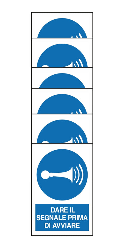 KIT DI 6 ADESIVI RETTANGOLARI - DARE IL SEGNALE PRIMA DI AVVIARE - Pittogramma ISO 7010 Con Stampa Diretta U.V. (IDEALE ANCHE PER ESTERNO)