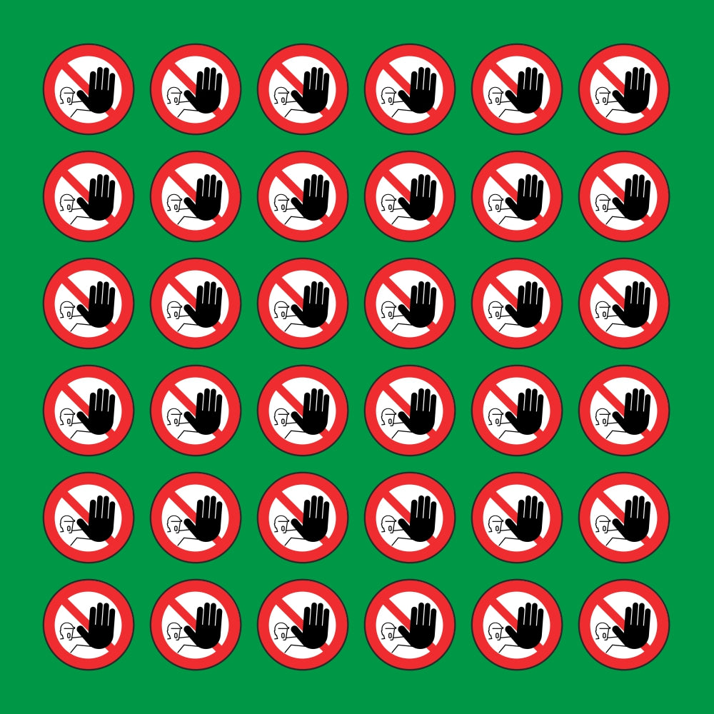 PACCO DA 6 KIT DI 6 ADESIVI ROTONDI - DIVIETO DI ACCESSO - Pittogramma ISO 7010 Con Stampa Diretta U.V.