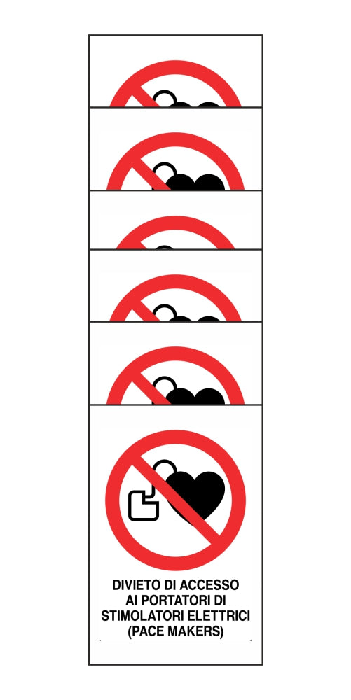 KIT DI 6 ADESIVI RETTANGOLARI - DIVIETO DI ACCESSO AI PORTATORI DI STIMOLATORI ELETTRICI - Pittogramma ISO 7010 Con Stampa Diretta U.V. (IDEALE ANCHE PER ESTERNO)