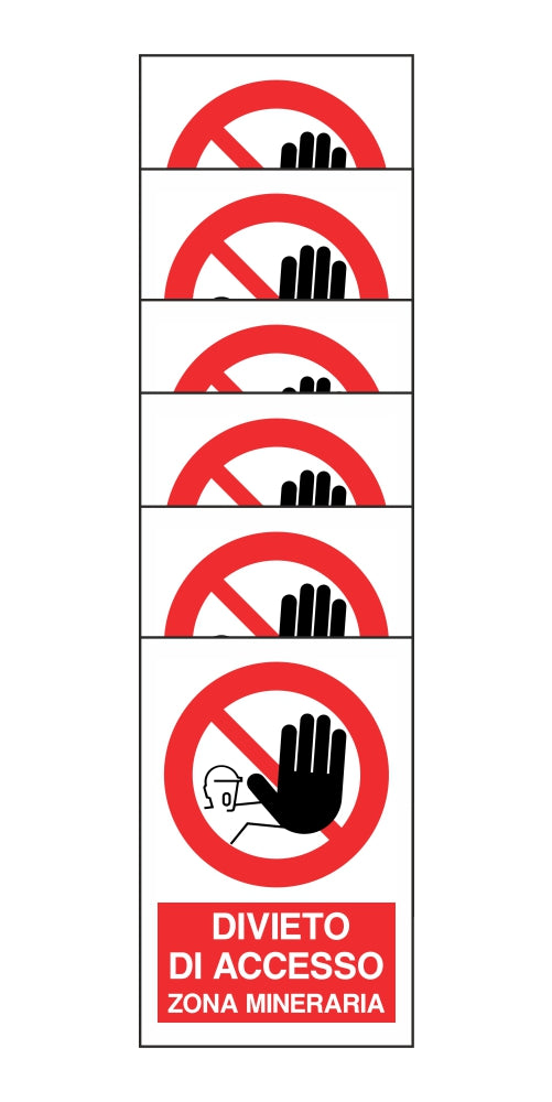 KIT DI 6 ADESIVI RETTANGOLARI - DIVIETO DI ACCESSO ZONA MINERARIA - Pittogramma ISO 7010 Con Stampa Diretta U.V. (IDEALE ANCHE PER ESTERNO)
