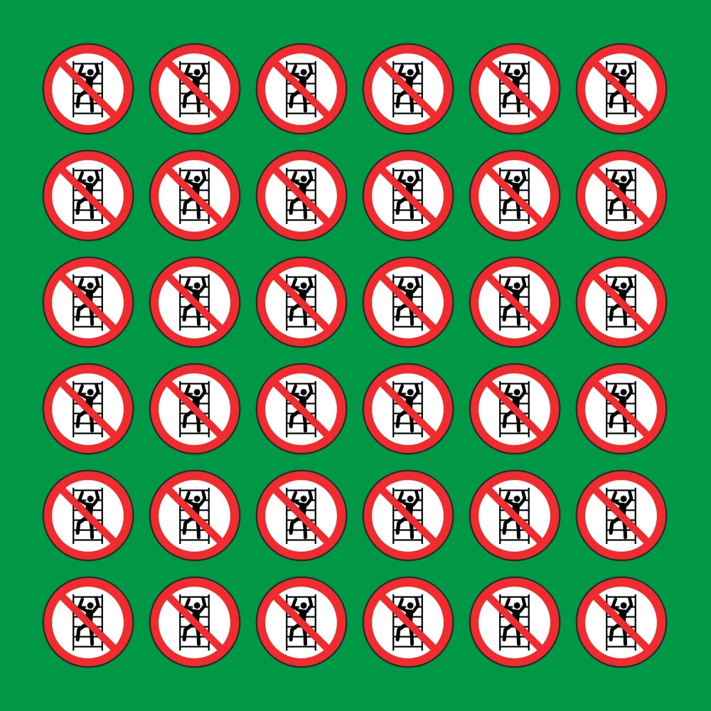 PACCO DA 6 KIT DI 6 ADESIVI ROTONDI - DIVIETO DI ARRAMPICARSI SUGLI SCAFFALI - Pittogramma ISO 7010 Con Stampa Diretta U.V.