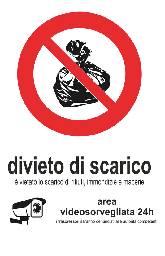 GLOBAL CARTELLO SEGNALETICO - DIVIETO DI SCARICO AREAVIDEOSORVEGLIATA - Adesivo Extra Resistente, Pannello in Forex, Pannello In Alluminio