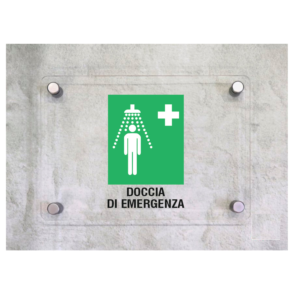 Global Targa Cartello in plexiglass - DOCCIA DI EMERGENZA - Con Distanziali in acciaio inox, Stampa UV.