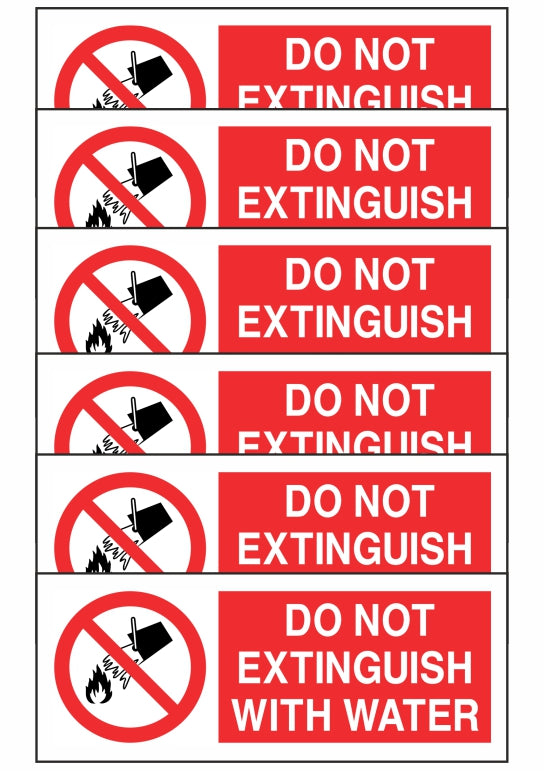 KIT DI 6 ADESIVI UNI - DO NOT EXTINGUISH WITH WATER - Pittogramma ISO 7010 Con Stampa Diretta U.V. (IDEALE ANCHE PER ESTERNO)