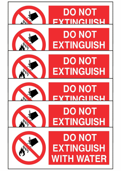 KIT DI 6 ADESIVI UNI - DO NOT EXTINGUISH WITH WATER - Pittogramma ISO 7010 Con Stampa Diretta U.V. (IDEALE ANCHE PER ESTERNO)