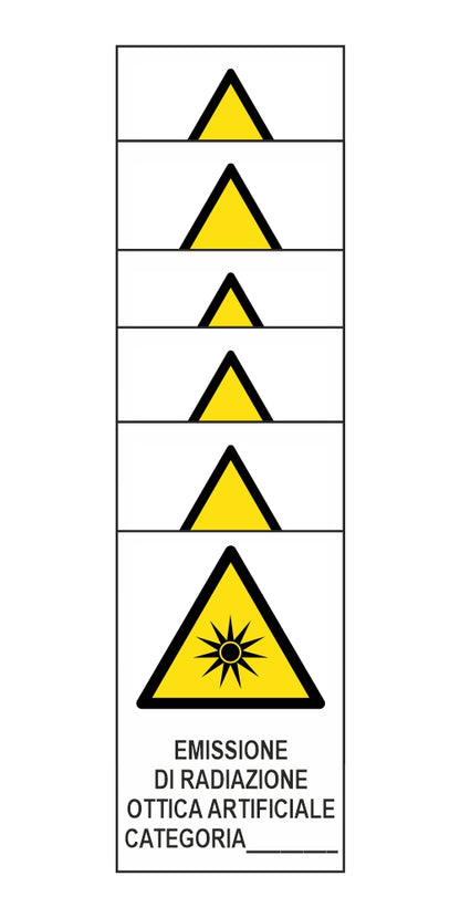 KIT DI 6 ADESIVI RETTANGOLARI - EMISSIONE DI RADIAZIONE OTTICA ARTIFICIALE CATEGORIA… - Pittogramma ISO 7010 Con Stampa Diretta U.V. (IDEALE ANCHE PER ESTERNO)