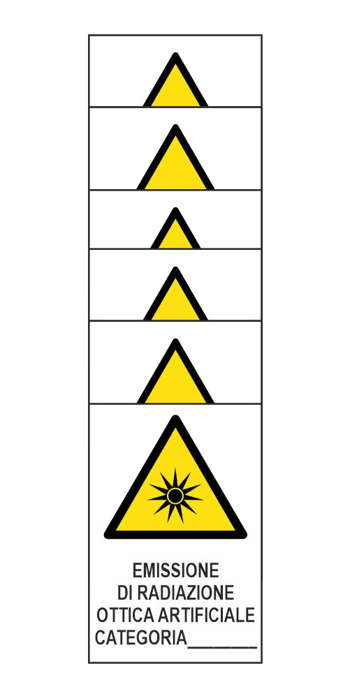 KIT DI 6 ADESIVI RETTANGOLARI - EMISSIONE DI RADIAZIONE OTTICA ARTIFICIALE CATEGORIA… - Pittogramma ISO 7010 Con Stampa Diretta U.V. (IDEALE ANCHE PER ESTERNO)