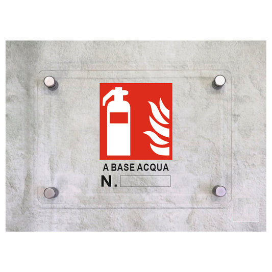 Global Targa Cartello in plexiglass - ESTINTORE A BASE ACQUA N.__ - Con Distanziali in acciaio inox, Stampa UV.