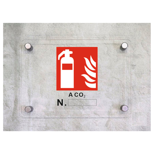 Global Targa Cartello in plexiglass - ESTINTORE A CO2 N.__ - Con Distanziali in acciaio inox, Stampa UV.