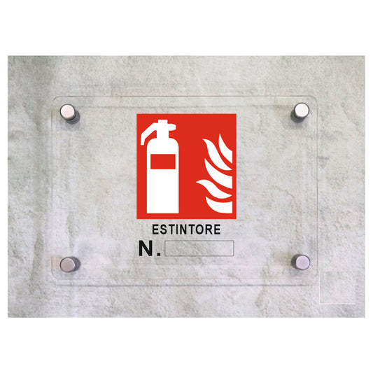 Global Targa Cartello in plexiglass - ESTINTORE N.__ - Con Distanziali in acciaio inox, Stampa UV.