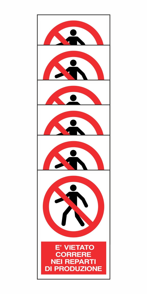 KIT DI 6 ADESIVI RETTANGOLARI - È VIETATO CORRERE NEI REPARTI DI PRODUZIONE - Pittogramma ISO 7010 Con Stampa Diretta U.V. (IDEALE ANCHE PER ESTERNO)