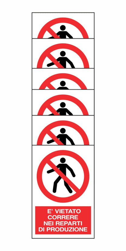 KIT DI 6 ADESIVI RETTANGOLARI - È VIETATO CORRERE NEI REPARTI DI PRODUZIONE - Pittogramma ISO 7010 Con Stampa Diretta U.V. (IDEALE ANCHE PER ESTERNO)