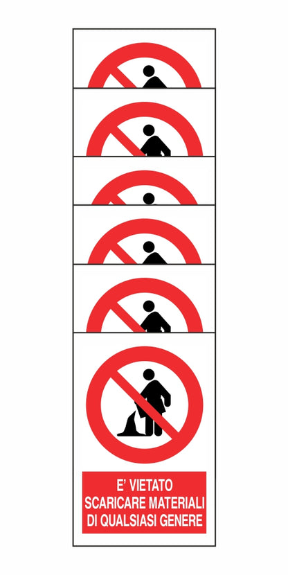 KIT DI 6 ADESIVI RETTANGOLARI - È VIETATO SCARICARE MATERIALI DI QUALSIASI GENERE - Pittogramma ISO 7010 Con Stampa Diretta U.V. (IDEALE ANCHE PER ESTERNO)