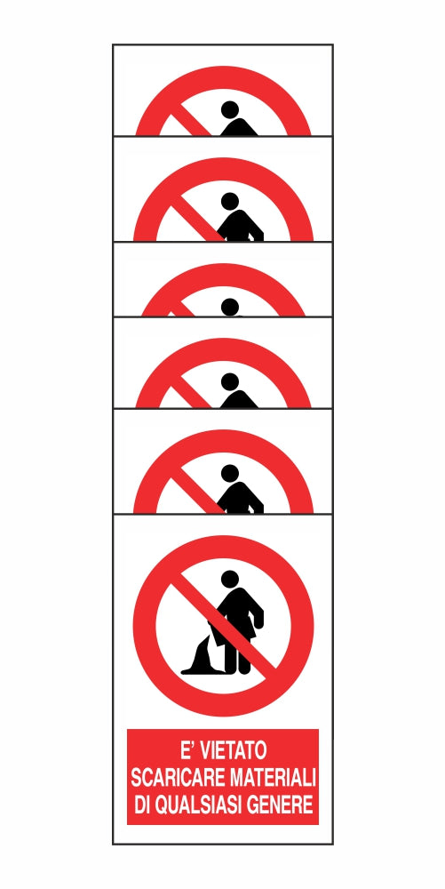KIT DI 6 ADESIVI RETTANGOLARI - È VIETATO SCARICARE MATERIALI DI QUALSIASI GENERE - Pittogramma ISO 7010 Con Stampa Diretta U.V. (IDEALE ANCHE PER ESTERNO)