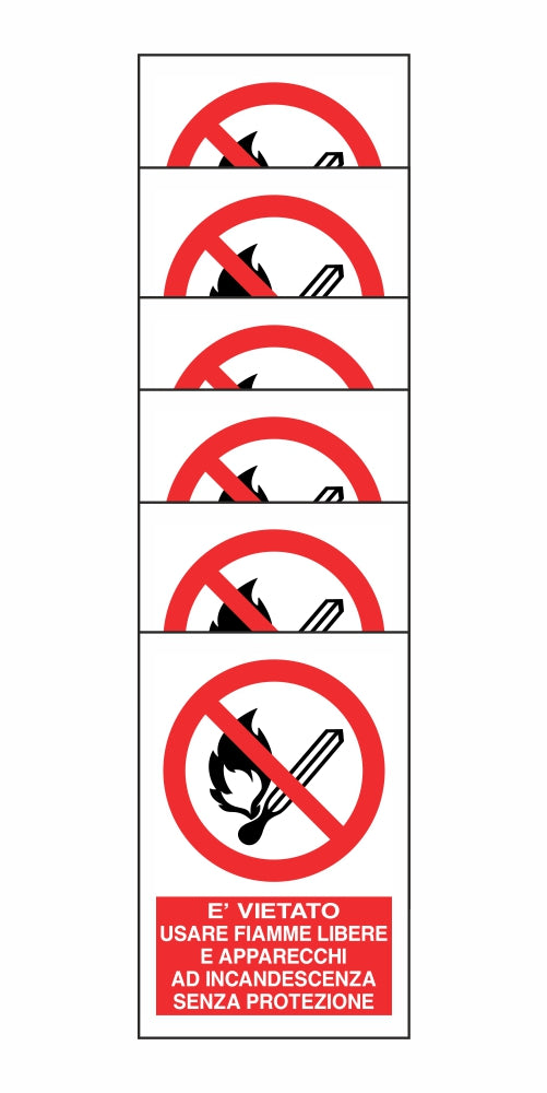 KIT DI 6 ADESIVI RETTANGOLARI - È VIETATO USARE FIAMME LIBERE E APPARECCHI AD INCANDESCENZA SENZA PROTEZIONE- Pittogramma ISO 7010 Con Stampa Diretta U.V. (IDEALE ANCHE PER ESTERNO)