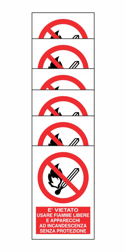 KIT DI 6 ADESIVI RETTANGOLARI - È VIETATO USARE FIAMME LIBERE E APPARECCHI AD INCANDESCENZA SENZA PROTEZIONE- Pittogramma ISO 7010 Con Stampa Diretta U.V. (IDEALE ANCHE PER ESTERNO)
