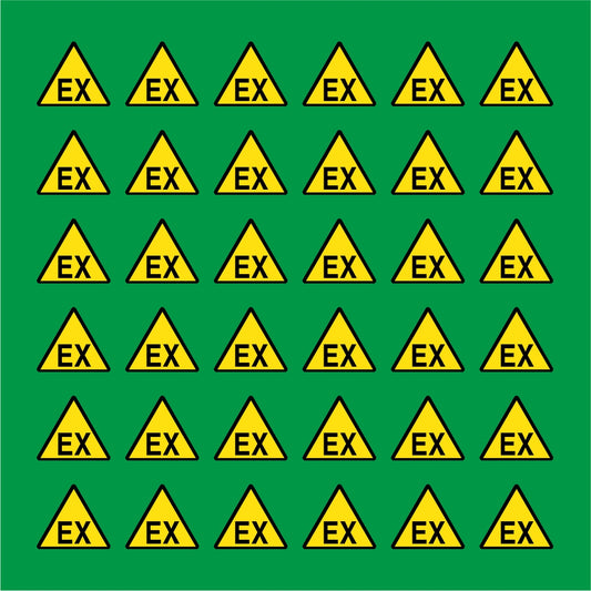 PACCO DA 6 KIT DI 6 ADESIVI TRIANGOLARI - EX (ATMOSFERA ESPLOSIVA) - Pittogramma ISO 7010 Con Stampa Diretta U.V.
