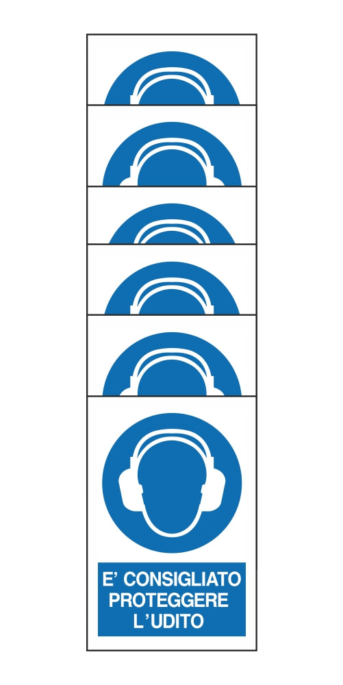 KIT DI 6 ADESIVI RETTANGOLARI - E' CONSIGLIATO PROTEGGERE L'UDITO - Pittogramma ISO 7010 Con Stampa Diretta U.V. (IDEALE ANCHE PER ESTERNO)