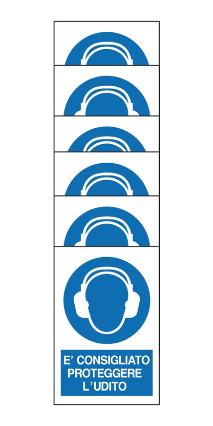 KIT DI 6 ADESIVI RETTANGOLARI - E' CONSIGLIATO PROTEGGERE L'UDITO - Pittogramma ISO 7010 Con Stampa Diretta U.V. (IDEALE ANCHE PER ESTERNO)